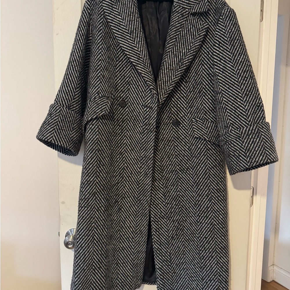 Women's Black and White Herringbone Coat